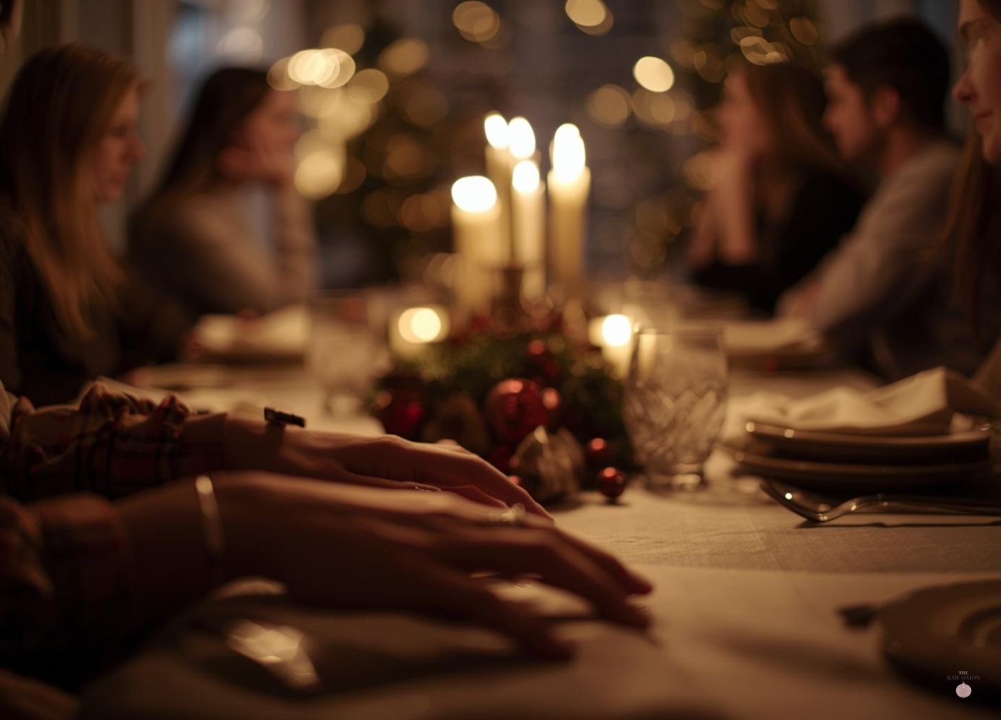 Warm candlelit holiday dinner table with blurred figures of people gathered together, soft bokeh lights in background, intimate and cozy atmosphere emphasizing human connection over perfect presentation