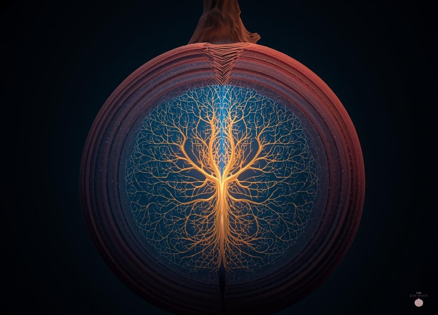 A cross-section of a red onion revealing glowing golden neural pathways in the shape of a tree within its deep blue core. The onion's concentric layers frame the luminous branching network, symbolizing the hidden psychological patterns and connections beneath the surface. Dark teal background.
