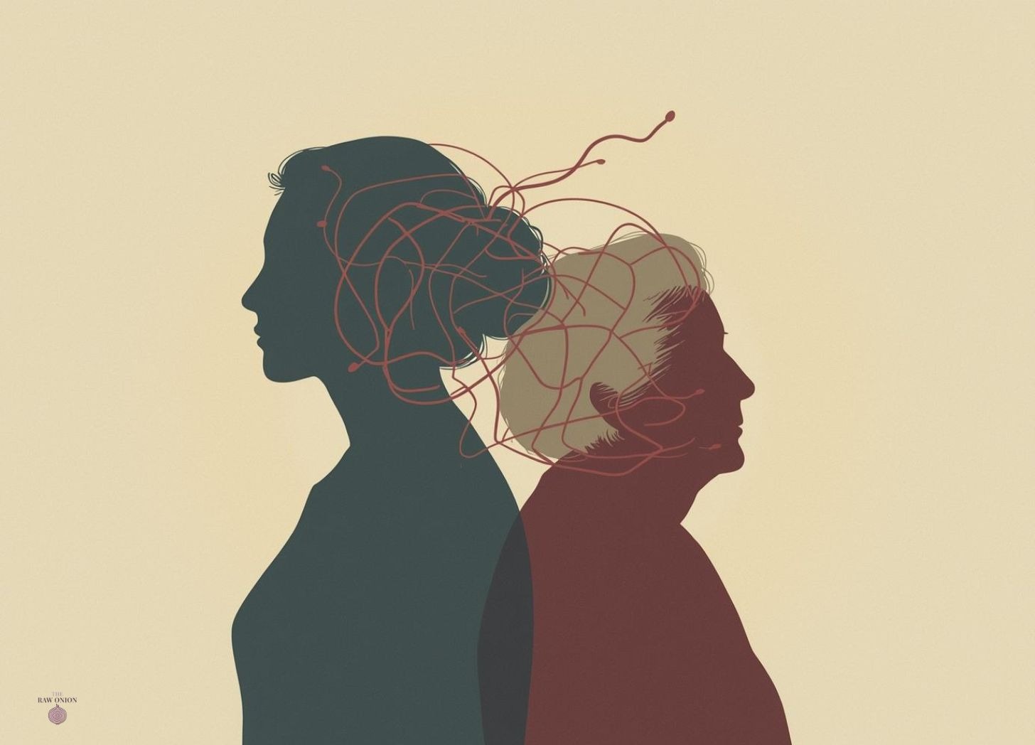 Two overlapping silhouettes (caregiver and elderly person) with intertwined neural pathways between them, representing dysregulated nervous systems trying to connect. Earth tone color palette.