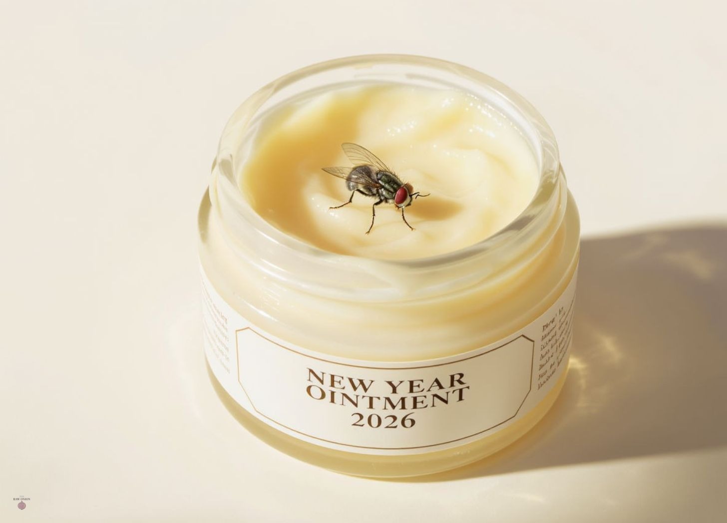 A jar of cream-colored ointment with a single fly on the surface. The jar's label reads "NEW YEAR OINTMENT 2026" in elegant gold lettering. Clean product photography with soft lighting on a neutral background.