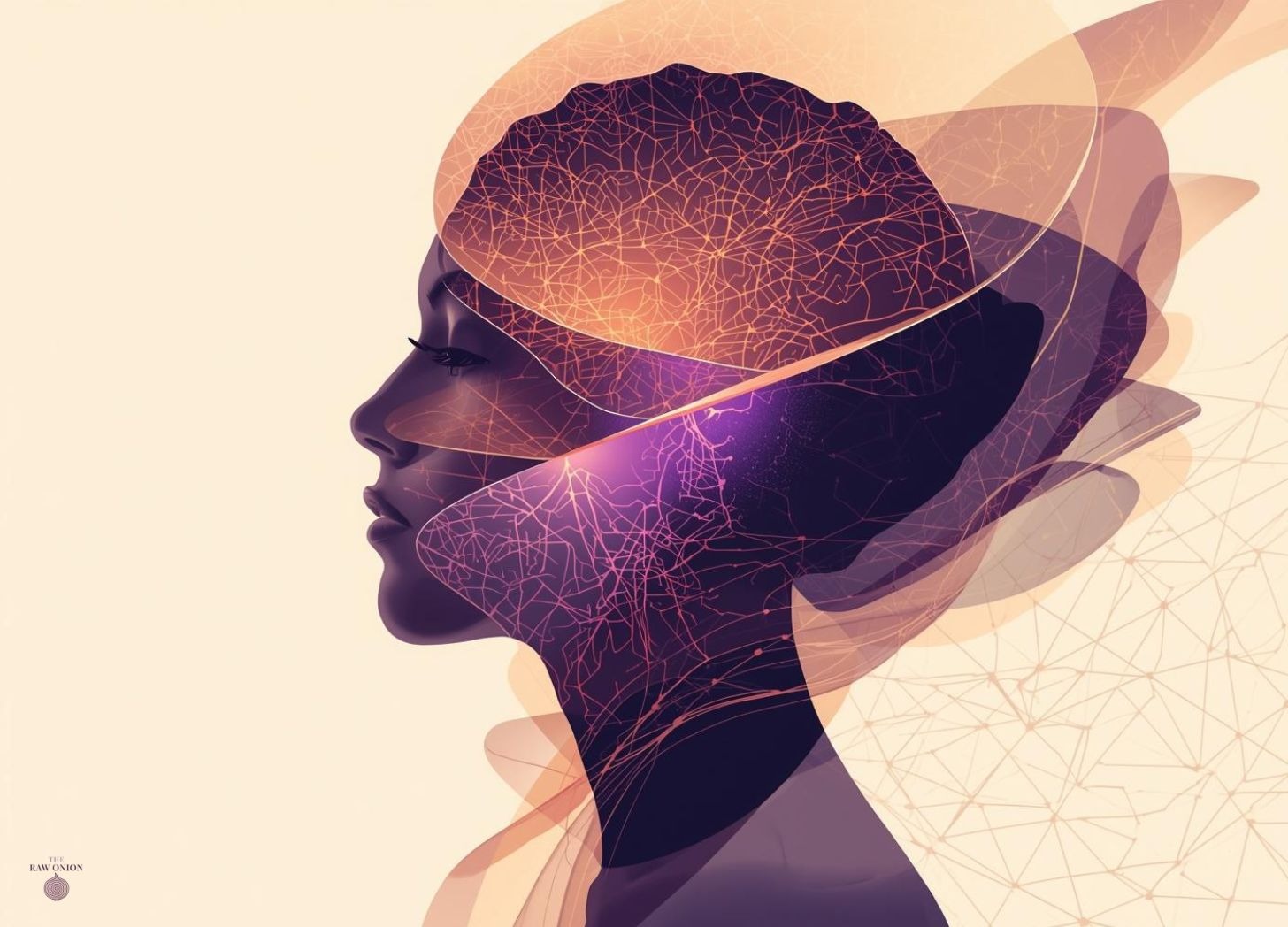Artistic illustration showing the silhouette profile of a woman's head and shoulders facing left, rendered in deep purple and blue tones. The image features a double exposure effect with intricate neural network patterns overlaid throughout the head and upper body, depicting interconnected nodes and pathways in vibrant pink, orange, and purple hues. Flowing abstract shapes in warm peach and mauve tones sweep across the composition, creating a sense of movement and depth. Geometric line patterns appear in the background. The Raw Onion podcast logo is positioned in the bottom left corner.