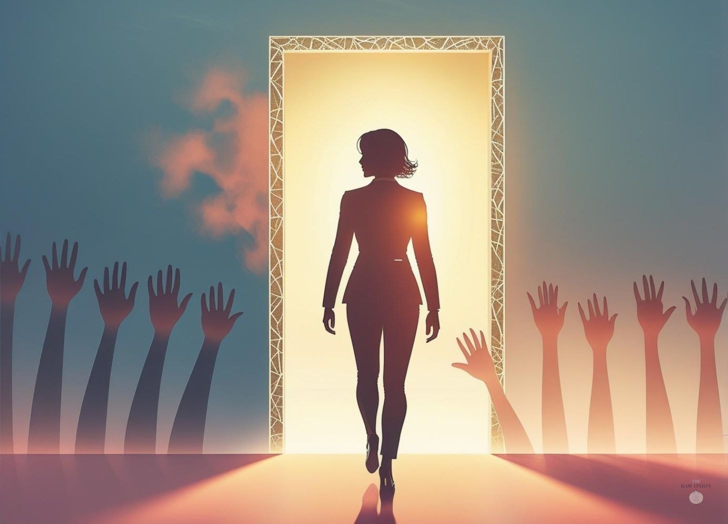 Silhouetted woman walking toward a luminous doorway framed by ornate geometric patterns, with raised hands visible on both sides, symbolizing a transformative journey or threshold moment