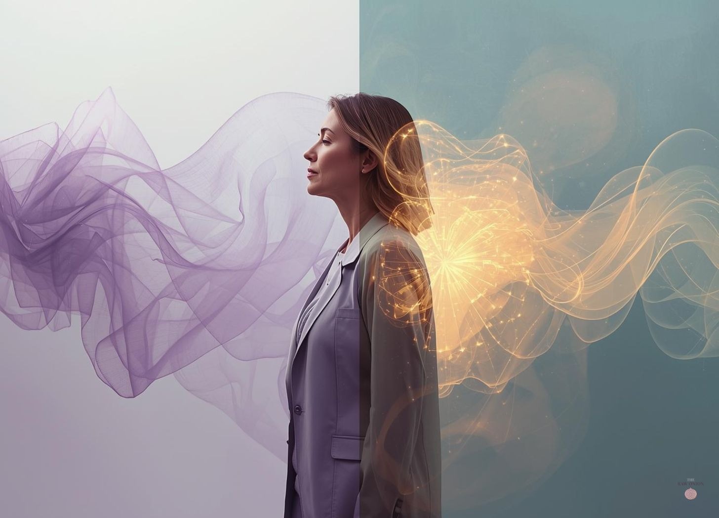 A woman in her 40s, depicted in profile facing left, with her face in a three-quarter view, wearing modern clothing. She is perfectly still within a transitional space. To one side, visual elements such as flowing fabric, dissolving patterns, and soft shadows of an older self evoke a sense of release and letting go. On the other side, emerging light and energy, dreamlike and unformed, hint at future movement. The area immediately surrounding her body pulses with soft, glowing light, symbolizing internal recalibration and the reordering of values. Her expression is peaceful, devoid of struggle. The color palette features light purples, golds, teals, and warm amber tones. The style is contemporary, blending photographic realism with painterly, fluid elements.
