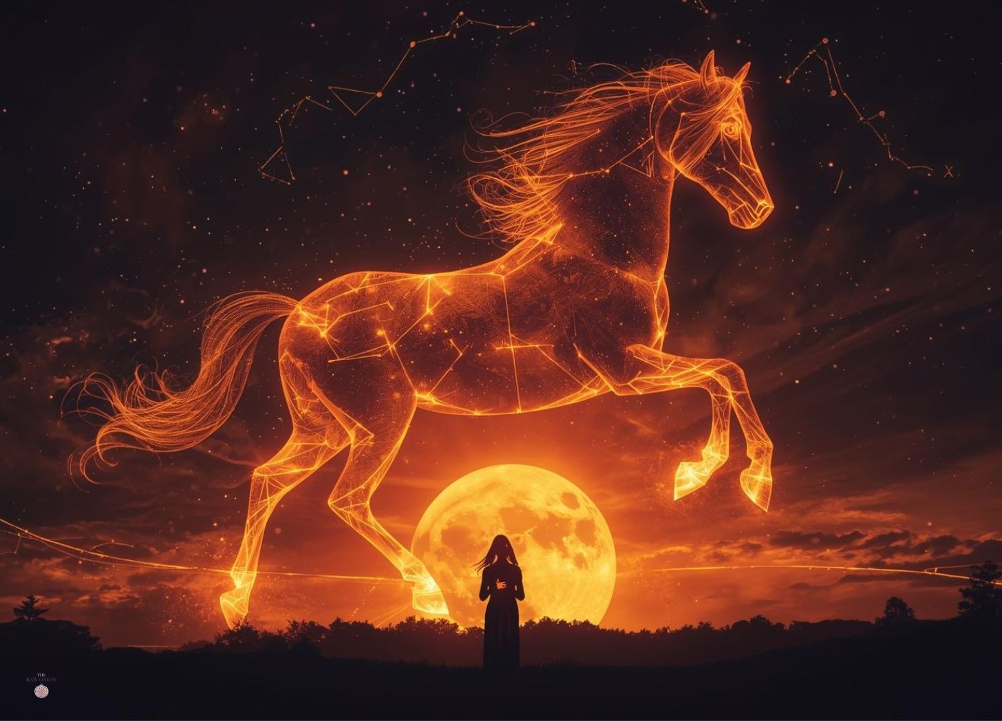 Fiery lunar night sky with a glowing constellation horse made of flame and starlight, a faint shedding snake skin at its hooves, a calm woman silhouette holding their heart with gentle light radiating outward, subtle brain-outline constellations above, cinematic, mystical, high contrast, podcast cover art.