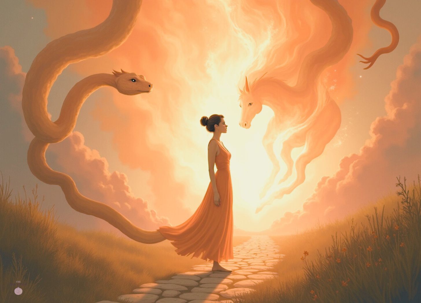 Illustration of a woman in an orange dress standing between a large ethereal snake on the left and a large ethereal horse on the right, both made of glowing fire and smoke in warm golden tones. The woman stands on a stone path beside water, facing the transition between the two creatures against a luminous sky.