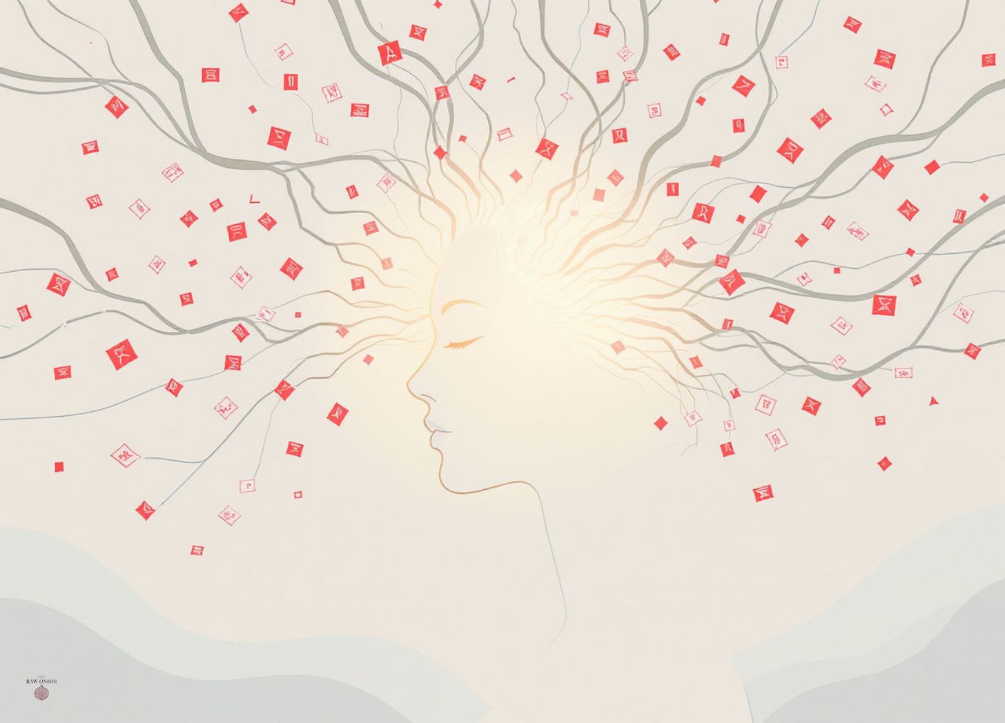 A minimalist line drawing of a serene woman silhouette with a glowing calm core, surrounded by faint, swirling neural pathways overloaded with jagged red alert icons and fragmented news headlines, fading into soft blue recovery waves at the edges. Gentle earth tones, clean vector style, evoking nervous system discernment in chaos