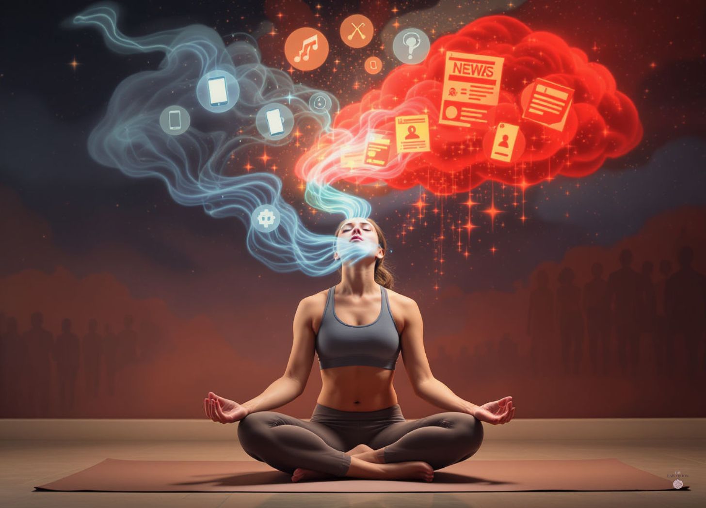 A grounded woman in 40s in lotus pose in yoga clothes at center, exhaling soft blue calm waves that dissolve incoming red stress clouds from smartphone screens, news headlines, and tense crowd silhouettes. Subtle mirror neuron icons connect figures, warm earth tones with cool highlights, vertical format.