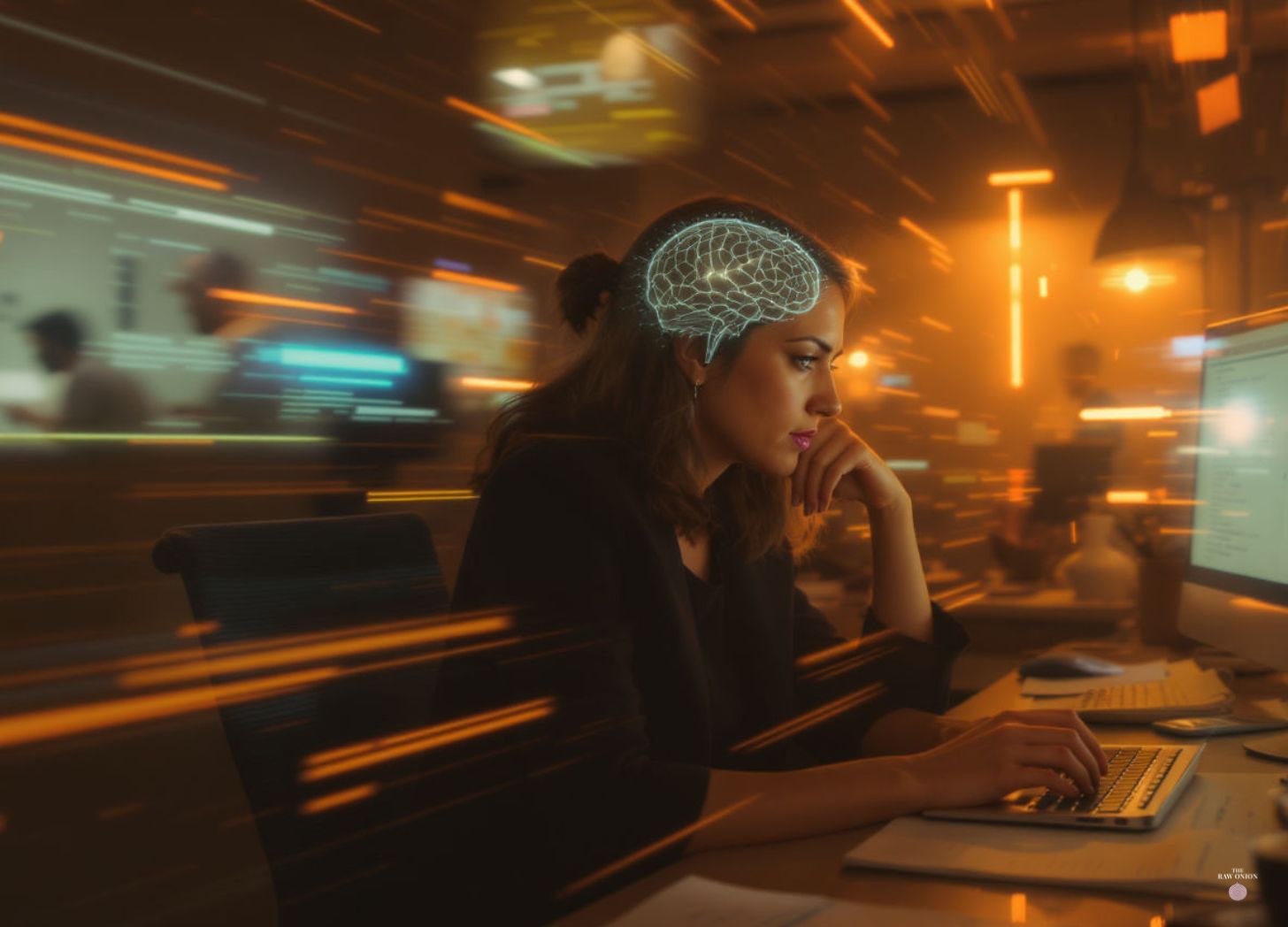 A cinematic modern scene of a woman in 40s sitting at a desk in a chaotic environment. The subject is sharply in focus with warm lighting, while blurred figures, motion streaks, and glowing screens surround them, symbolizing overwhelm. Subtle neural light patterns around their head represent brain activity and conscious control. Strong contrast between stillness and chaos, conveying hope, agency, and clarity in a fast-moving world.