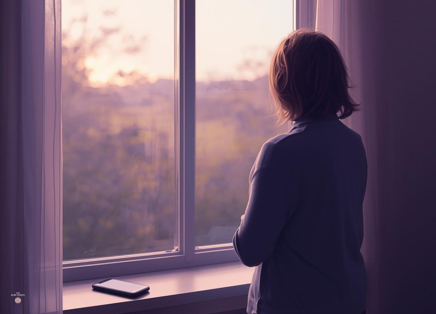A woman in 40s standing at a window, her back to the viewer, looking out at a soft, blurred landscape. Early morning light. Calm and still. On the windowsill beside her, a phone face-down. The feeling is not sadness but quiet presence. Muted purple and warm neutral tones. Painterly, soft-focus, no text.