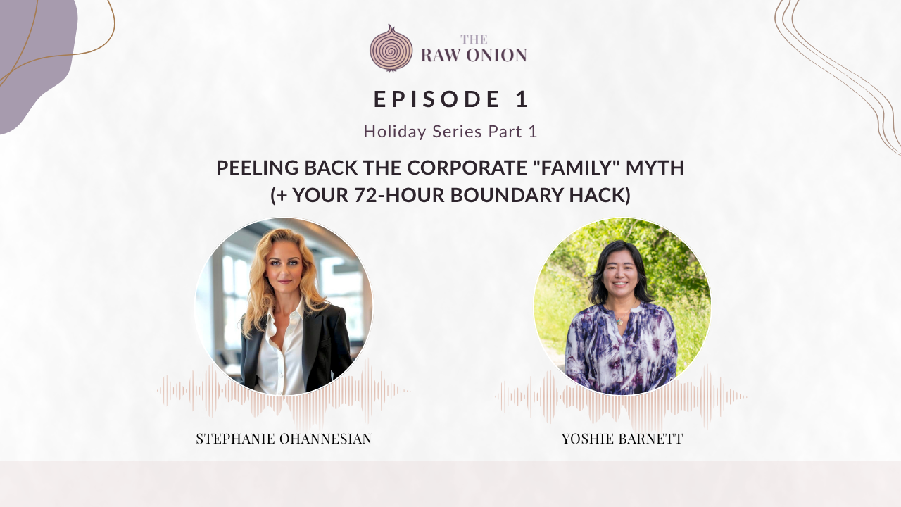 Episode 1 cover art for The Raw Onion podcast. Text reads: "Holiday Series Part 1 — Peeling Back the Corporate 'Family' Myth (+ Your 72-Hour Boundary Hack)." Two circular portrait photos appear side by side with audio waveform graphics beneath each. On the left, Stephanie Ohannesian; on the right, Yoshie Barnett. The Raw Onion logo appears at the top center on a soft blush and cream background.