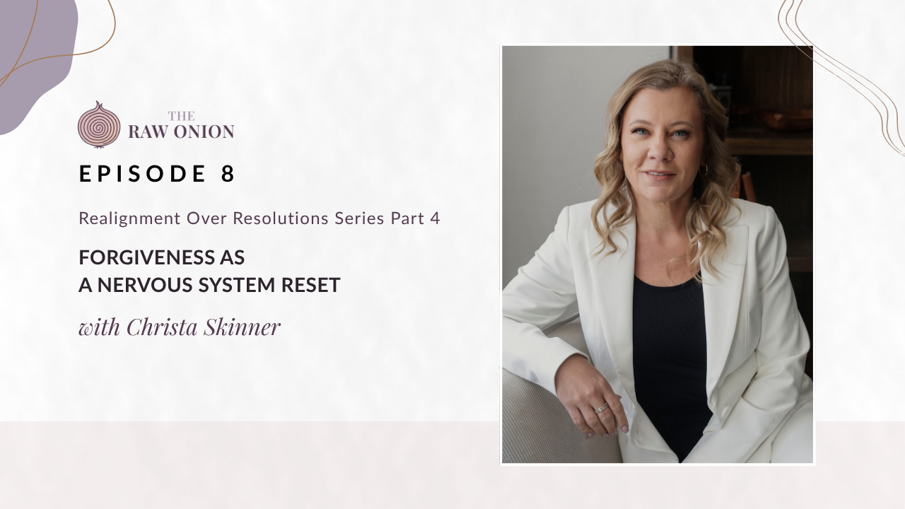 Episode 8 cover art for The Raw Onion podcast. Text reads: "Realignment Over Resolutions Series Part 4 — Forgiveness as a Nervous System Reset, with Christa Skinner." A portrait photo of guest Christa Skinner appears on the right side of the image; she is seated, with wavy blonde hair, wearing a white blazer over a black top. The Raw Onion logo appears at the upper left on a soft blush and cream background.